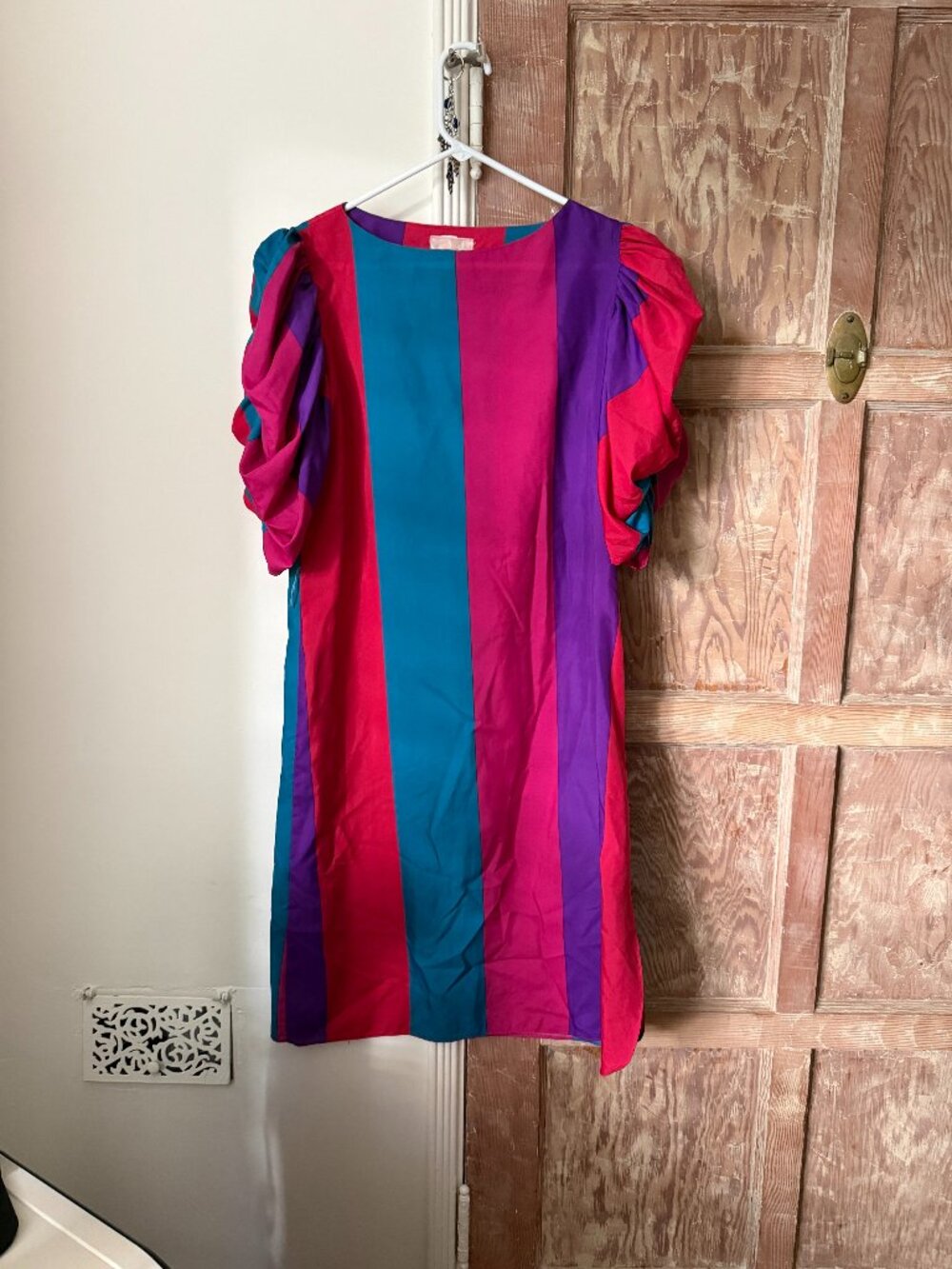 Vintage 80s Hillary Hills USA Jewel Tone Color Block Puff Sleeve Dress